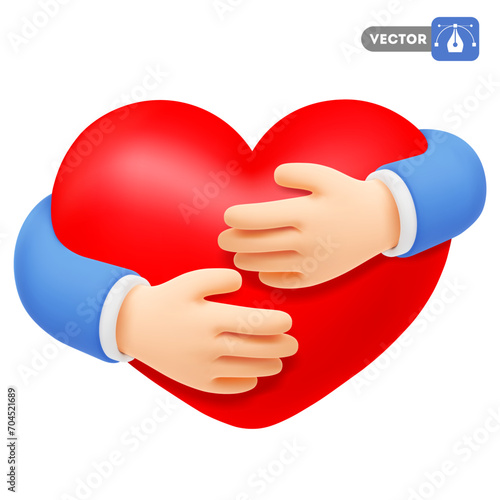 Cute cartoon realistic hands hugging large red heart. 3d icon, isolated on white background. Concept of love, Valentines Day celebration, health care or charity. Vector illustration