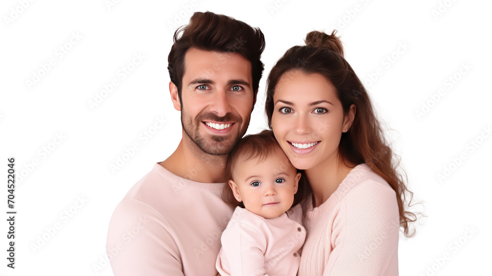 Young happy parents mom dad with child kid daughter teen girl. Isolated on transparent background.