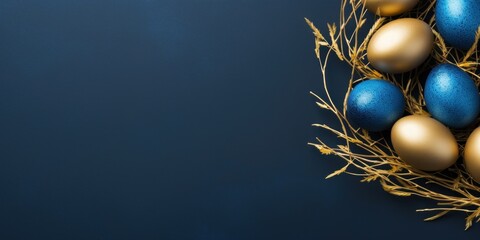 Easter golden and blue eggs in nest of branches on navy background. Religion tradition pattern. View from above. Flat lay style. Greeting card. Copy space.