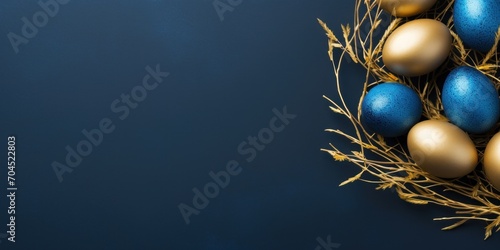 Easter golden and blue eggs in nest of branches on navy background. Religion tradition pattern. View from above. Flat lay style. Greeting card. Copy space.