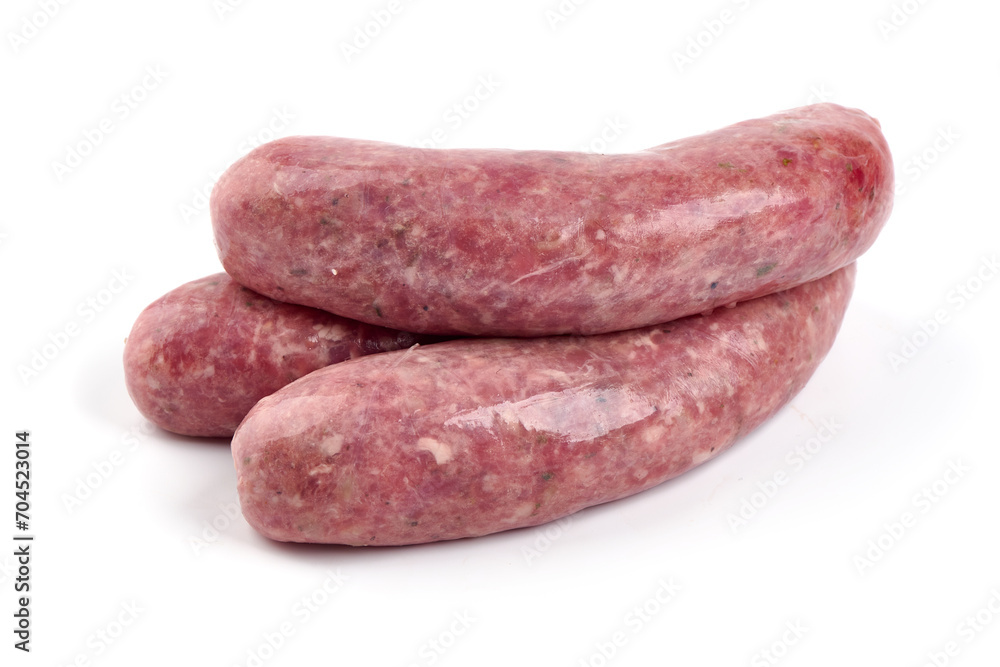 German Oktoberfest Sausages with basil leaf, close-up, isolated on white background. German Oktoberfest Sausages with basil leaf, close-up, isolated on white background.