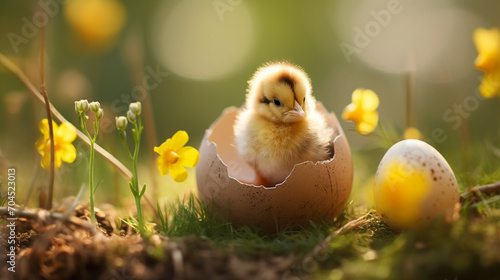 Easter yellow chicken in an eggshell on the background of spring nature. Generative AI