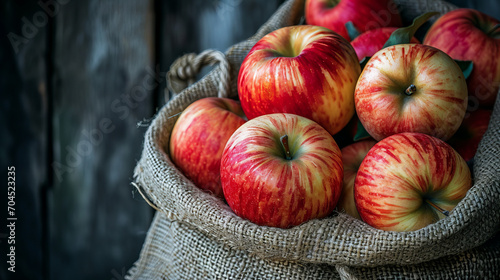 sack full of red, ripe apples, closeup photo