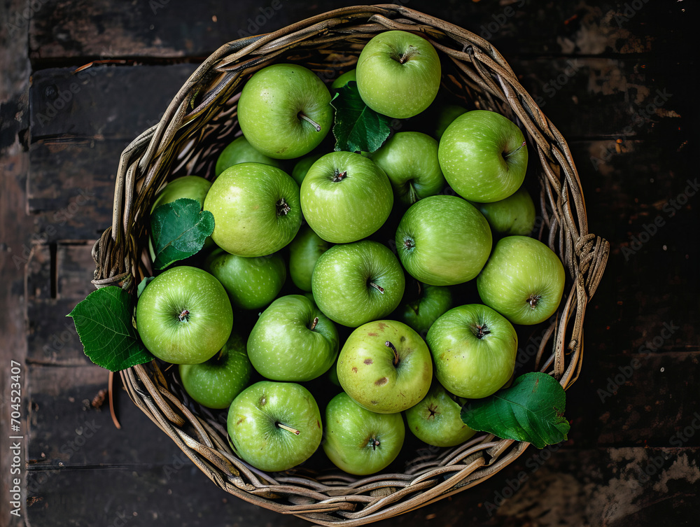 green, delicious apples in a wicker basket on a wooden table, top view