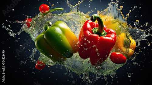 Smooth Fresh organic red yellow green Bell Pepper paprika Vegetables falling into water and splashes created with Generative AI Technology