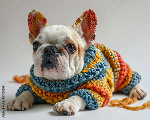 Crochet handmade dog shape pastel color on white background 