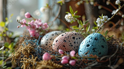  Crochet eggs shape in bird net with Easter concept