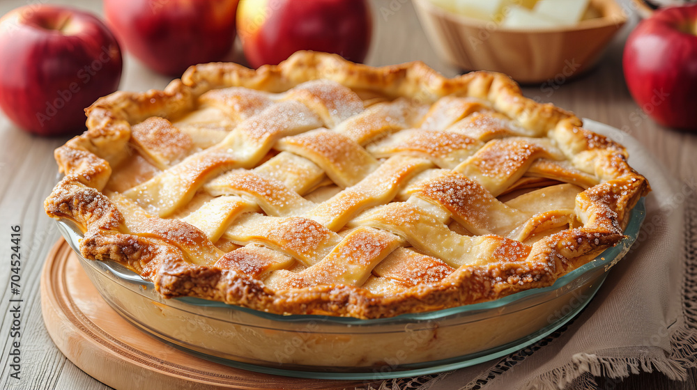 crusty apple pie sprinkled with sugar, closeup crusty apple pie sprinkled with sugar, closeup