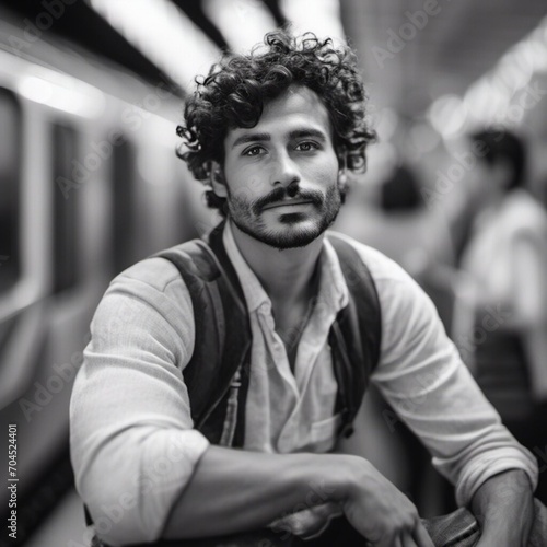 B&W photography, model shot, man in subway station, beautiful detailed eyes, professional award winning portrait photography, highly detailed glossy eyes, high detailed skin, skin pores