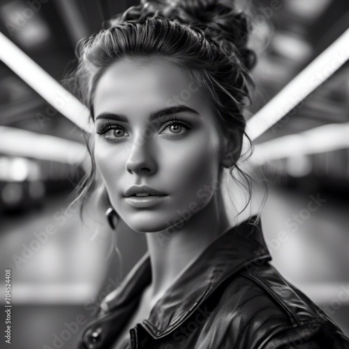 B&W photography, model shot, woman in bus station, beautiful detailed eyes, professional award winning portrait photography, highly detailed glossy eyes, high detailed skin, skin pores