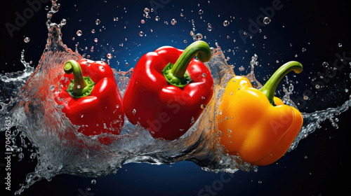 smooth Fresh organic red yellow green Bell Pepper paprika Vegetables falling into water and splashes created with Generative AI Technology photo