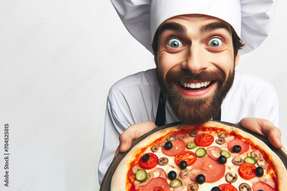 male chef with pizza smiles and shows thumbs up on solid white background. ai generative