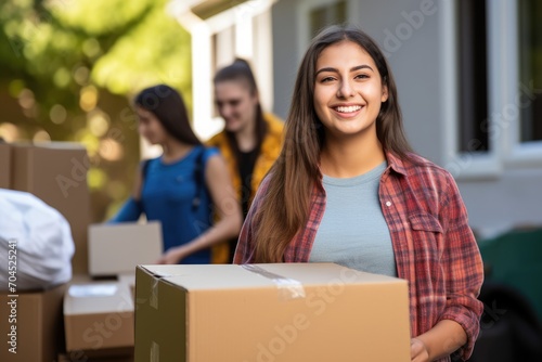 Young female college student moving her stuff out of home to a college dorm with her smiling parents in the background