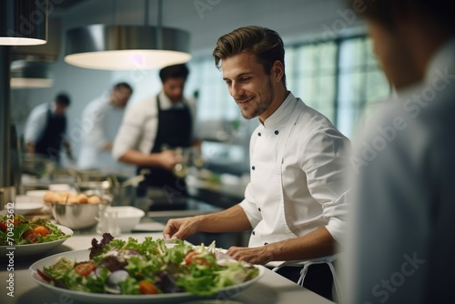 Young chef cooks in modern kitchen, European man, brown-haired man, restaurant, salad, Light room, full HD, taken on a Canon EOS R5 F1.2 ISO100 35MM 