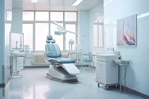 Interior of dental practice room with chair, lamp and stomatological tools photo