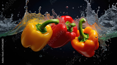 Smooth Fresh organic red yellow green Bell Pepper paprika Vegetables falling into water and splashes created with Generative AI Technology