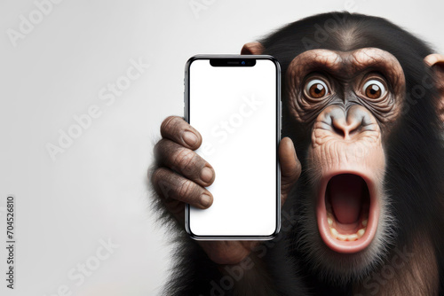 Shocked monkey holding smartphone with white mockup screen on solid white background. ai generative photo
