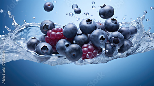 Smooth Fresh ripe organic purple Blueberries Fruits falling into water and splashes created with Generative AI Technology