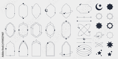 Islamic modern minimalist aesthetic linear set elements. Arch frames with stars and crescent. Lineart geometric shapes. Boho line art vector illustration for social media, poster © Karelkart