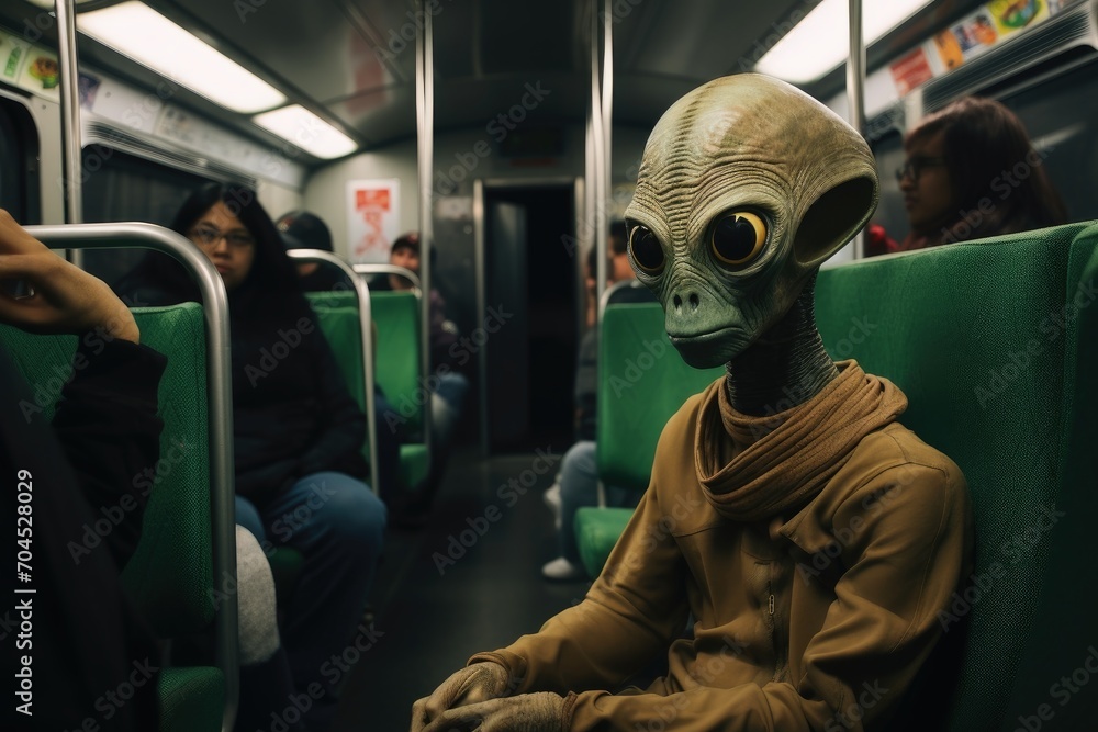 An alien driving with a subway with normal people. An alien driving with a subway with normal people.