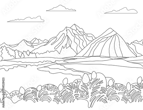 landscape with mountains vector coloring page