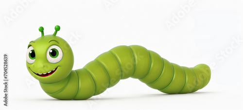A 3d cartoon character green worm caterpillar on the white background, looking cute, adorable and joyful