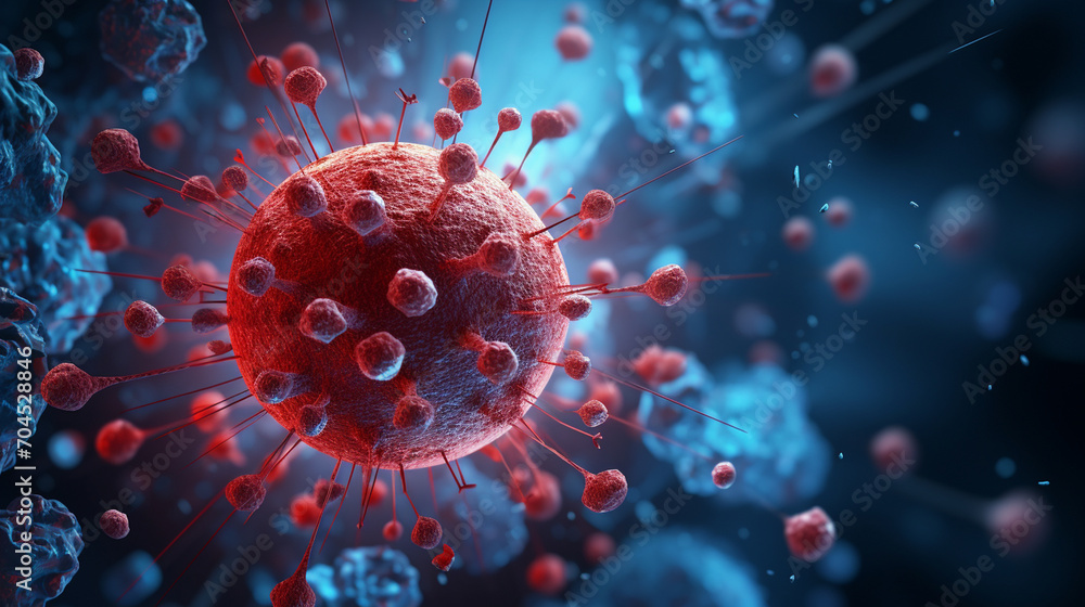 virus with disease cells and erythrocytes. pandemic health risk concept. Generative AI virus with disease cells and erythrocytes. pandemic health risk concept. Generative AI