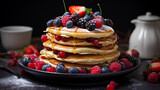 Delicious fritters, pancakes in a stack with berries and fruits.Generative AI