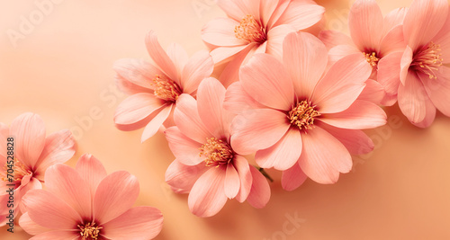 Close-up view of a cluster of flowers in peach fuzz color hues. Monochromatic snapshot showcasing the trending peachy color of the year 2024