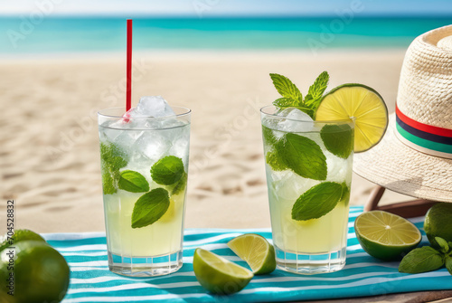 Mojito cocktail in a clear glass with alcohol, rum, sugar, lime, mint leaves, soda, ice, arranged on a sandy beach. for advertising media It is usually popular in summer. Refreshing drinks