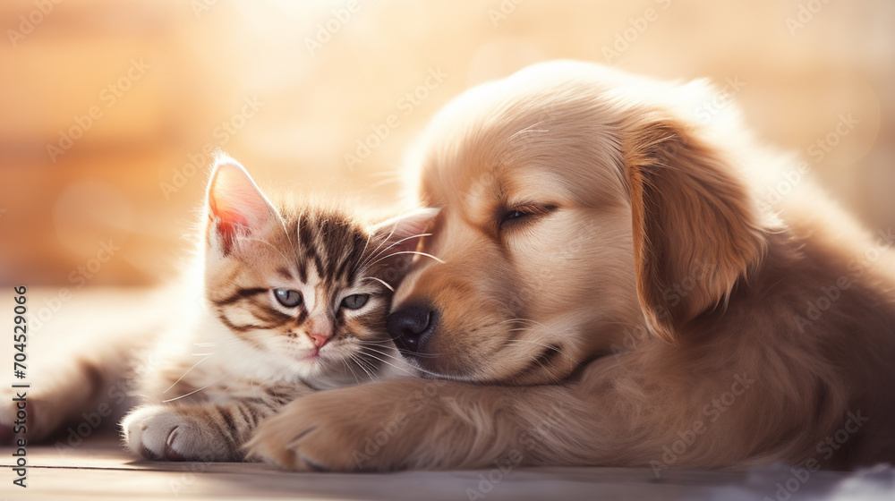 Dog and cat hug each other. The concept of true friendship.Generative AI Dog and cat hug each other. The concept of true friendship.Generative AI