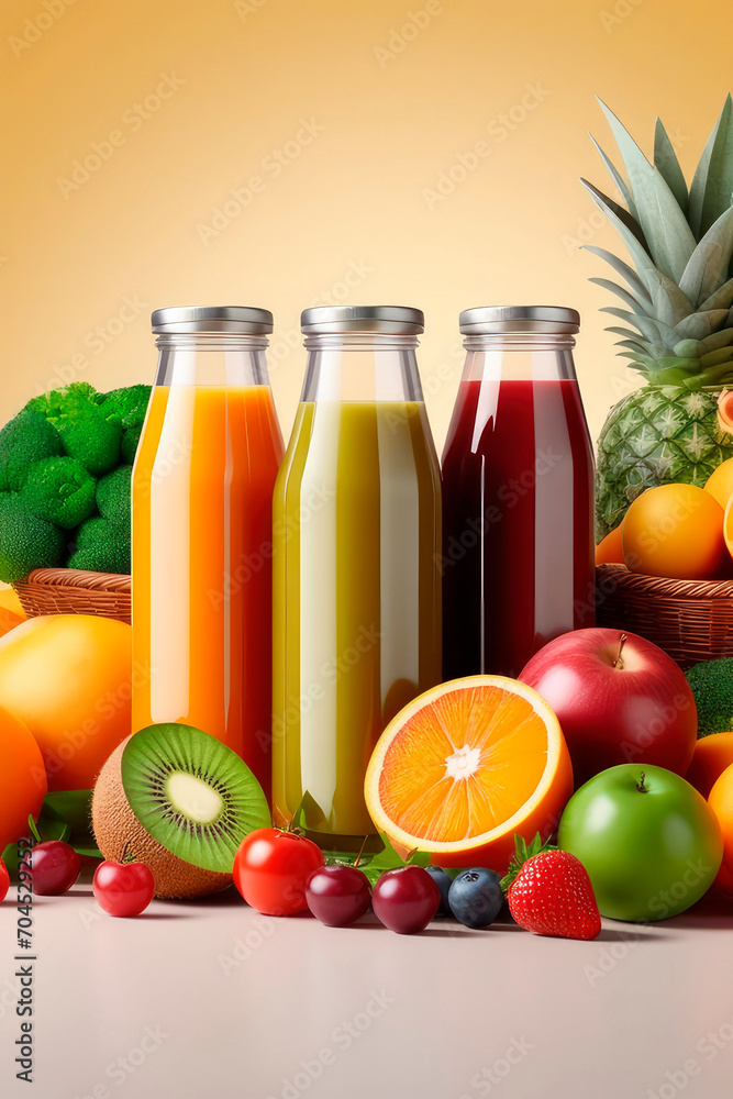 Various freshly squeezed fruits and vegetables juices and their ingredients with on a table. Various freshly squeezed fruits and vegetables juices and their ingredients with on a table.