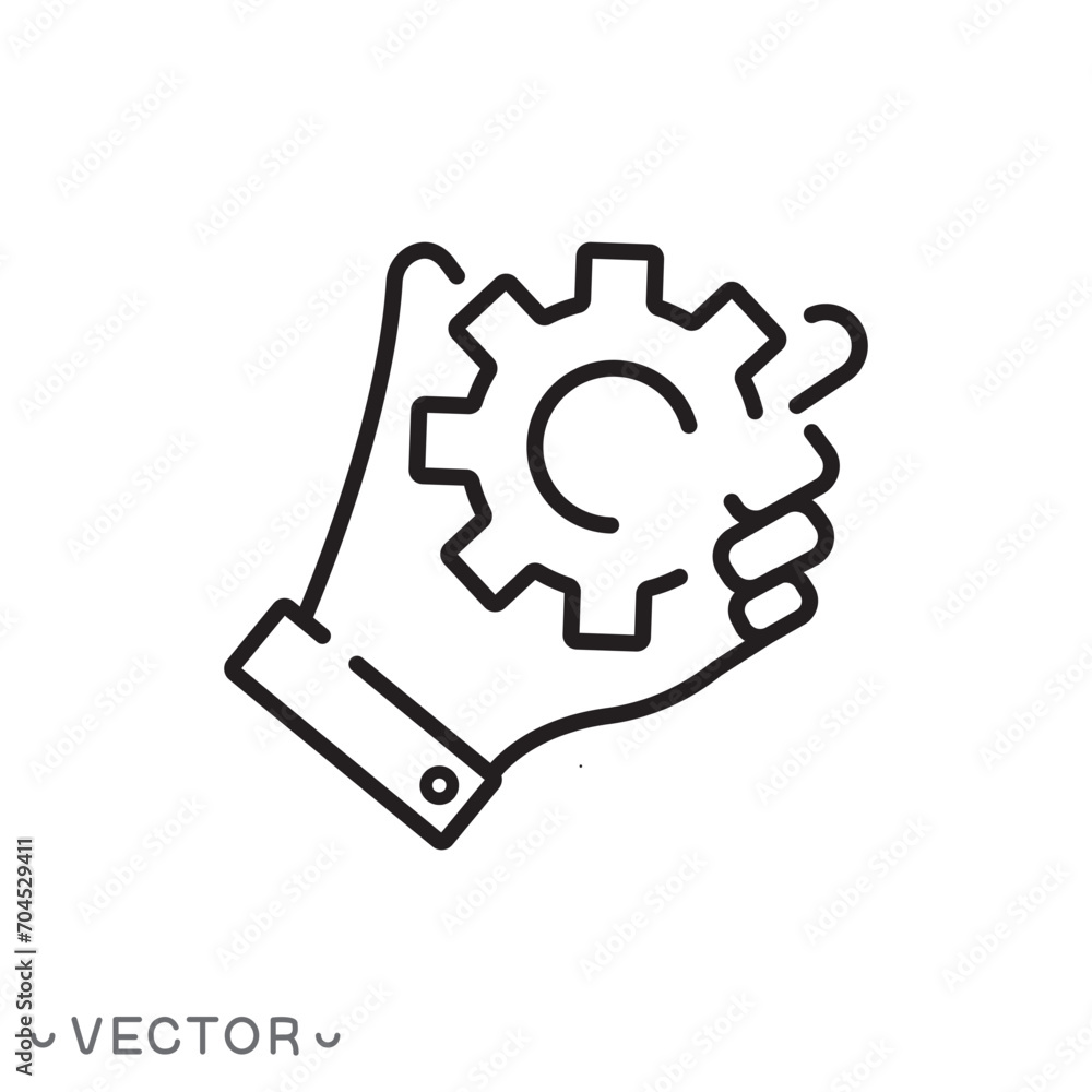 gears in hand, cog mechanism, persistence in process icon, effort hard work, effective operation, business integrate, thin line sign isolated on white background, editable stroke eps10 vector gears in hand, cog mechanism, persistence in process icon, effort hard work, effective operation, business integrate, thin line sign isolated on white background, editable stroke eps10 vector
