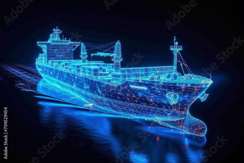 a container ship, glowing blue wireframe lines over black