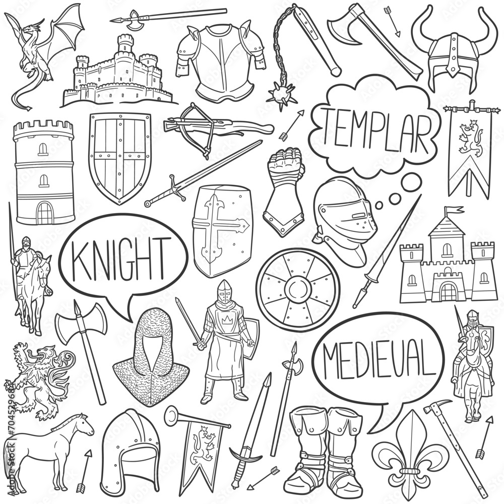 Knight Doodle Icons Black and White Line Art. Medieval Clipart Hand Drawn Symbol Design.