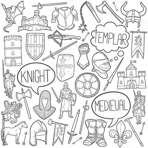 Knight Doodle Icons Black and White Line Art. Medieval Clipart Hand Drawn Symbol Design.