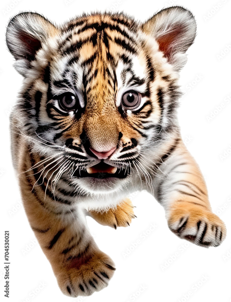 Obraz premium Adorable tiger cub in an action pose, symbolizing wildlife energy and conservation, perfect for animal themes cut out isolated transparent PNG elements