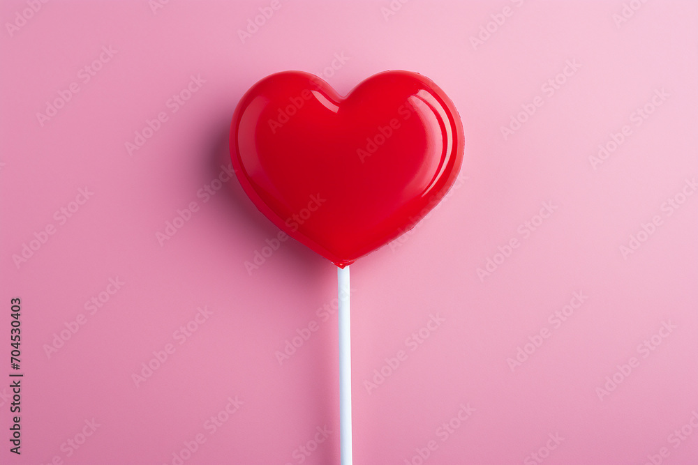 red heart shaped lollipop on pink background
