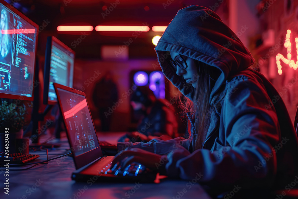 Naklejka A teenage gamer in a hood is playing at a gaming laptop. A teenage girl or a boy in a hood is a hacker,