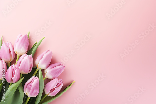 pink tulips in the right corner on a peach background with empty space, top view, still life for a postcard