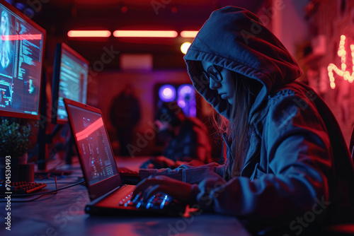 A teenage gamer in a hood is playing at a gaming laptop. A teenage girl or a boy in a hood is a hacker, photo