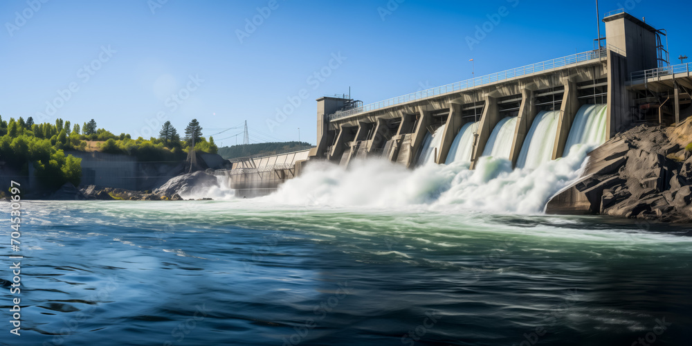 Hydroelectric dam spillways gushing water in a lush landscape Hydroelectric dam spillways gushing water in a lush landscape
