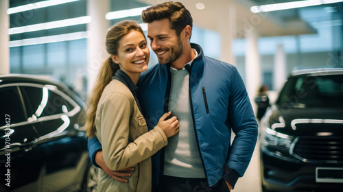 Happy couple embracing in car dealership, new purchase excitement