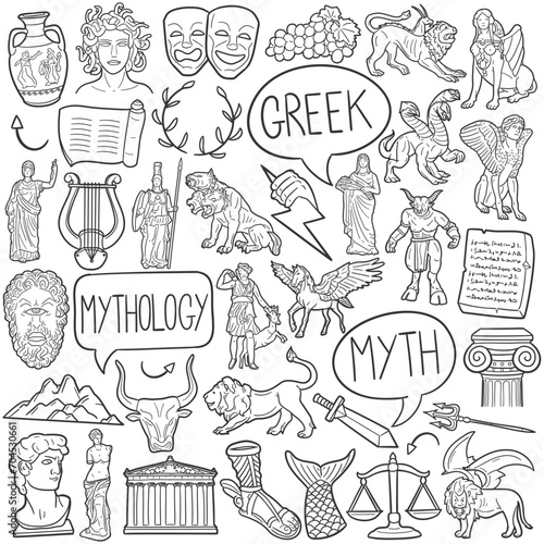 Greek Mythology Doodle Icons Black and White Line Art. Greece Gods Clipart Hand Drawn Symbol Design.