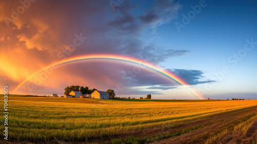 Beauty rainbow in storm cloud above autumn field landscape. Weather, nature background.