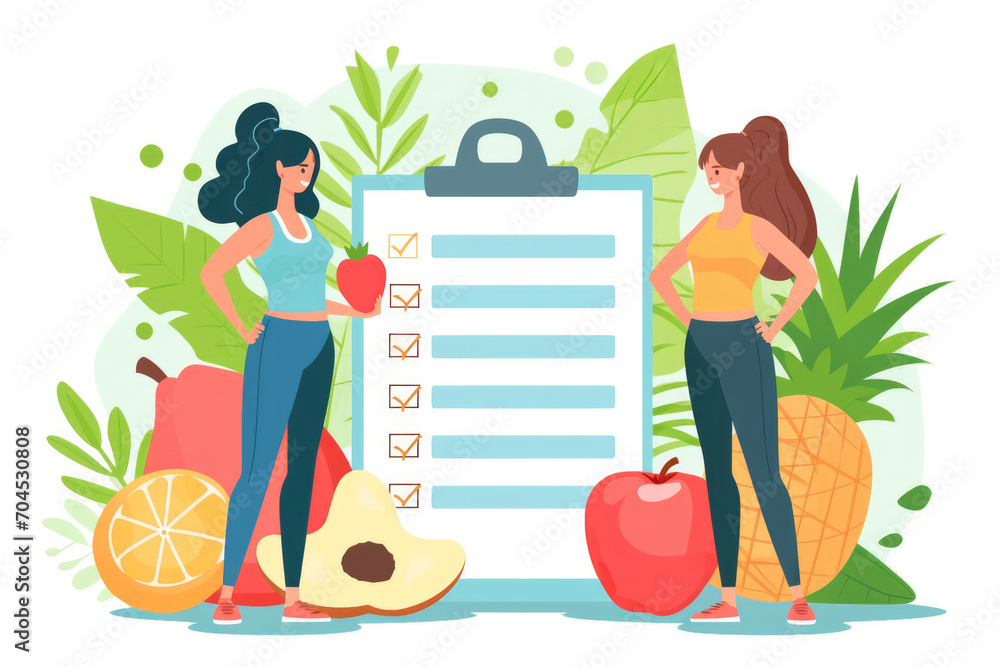 Diet plan checklist. People doing exercise, training and planning diet with fruit and vegetable. - obrazy, fototapety, plakaty 