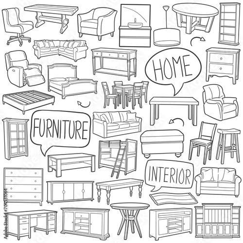 Furnitures Doodle Icons Black and White Line Art. Home Clipart Hand Drawn Symbol Design.
