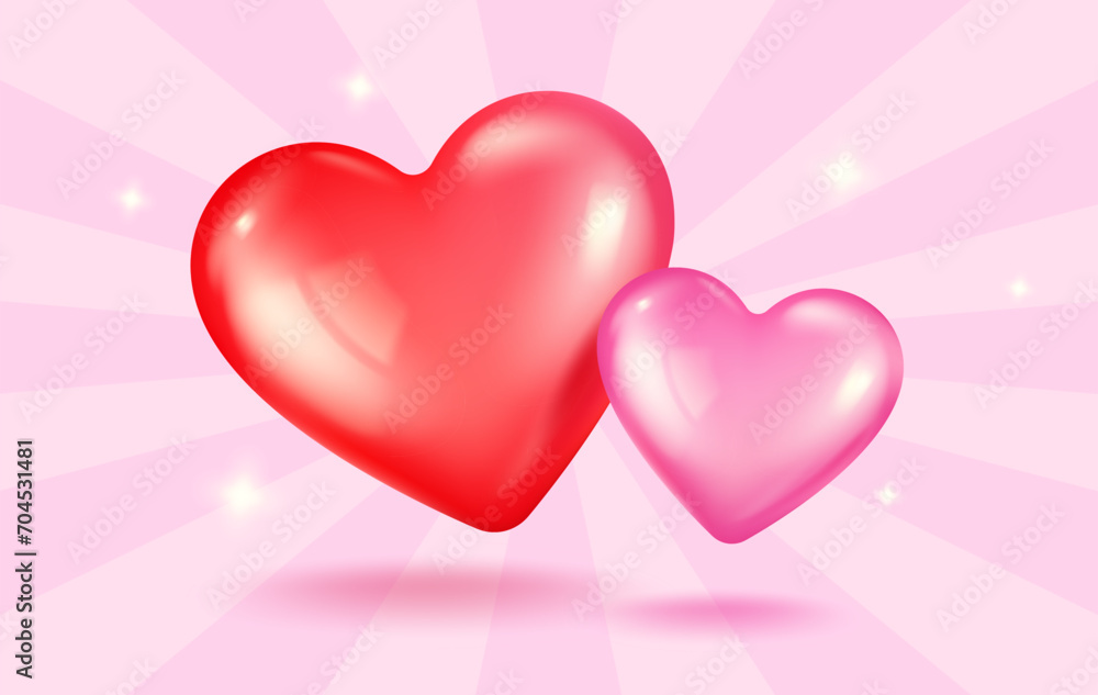 Vector icons of pink and red hearts for Valentine's Day in realistic 3d style.