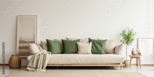 Minimalistic living room with beige sofa, green blanket, cushions against white wall.