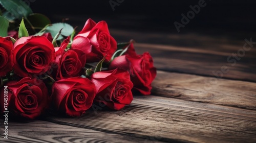 Bouquet of beautiful red roses on wooden table  Copy space  Happy Valentines Day